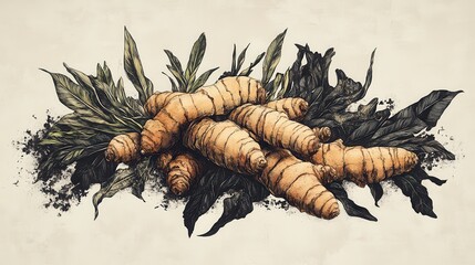 Obraz premium High-Quality Hand-Drawn Illustration of Fresh Ginger Root with Vibrant Colors and Textures