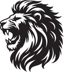 Fototapeta premium Black vector silhouette of a roaring lion’s head.