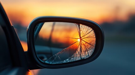 A car's side mirror with a cracked surface reflecting a blurry sunset, symbolizing damage, accidents, or reflection.