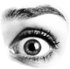 Halftone Surprised Eye with Raised Eyebrow based on Ai generated pic. Transaprent bacground, isolated. 