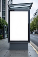 Empty billboard ready for advertisement display in urban area with clear skies and modern architecture