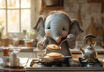 Cute Baby Elephant Making Pancakes - Whimsical Kitchen Scene