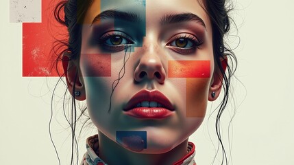 A striking portrait features a vivid face and abstract, geometric elements.