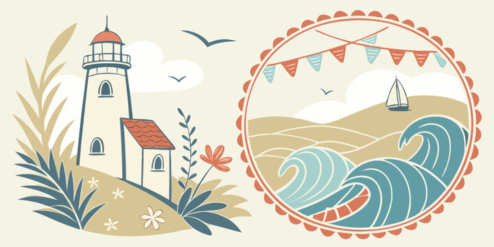 Textured illustrations and frames set for summer and the sea Decorations, ornaments, ribbons, summer vacation, watercolor style, waves - Powered by Adobe