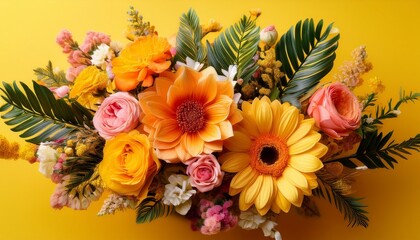 Obraz premium bright floral arrangement a stunning bouquet of flowers on vibrant yellow background