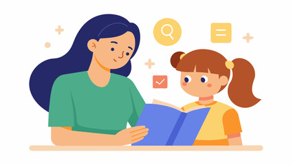 A young girl with dyslexia reading an interactive book with her tutor. The book has touchandfeel elements and interactive games to help her learn in a fun and engaging way.. Vector illustration