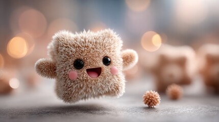 Fototapeta premium A delightful fluffy character with a happy face hovers in a warm, softly blurred setting. The scene includes charming round shapes, enhancing the playful mood.