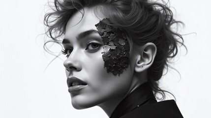 Portrait of a woman with intricately designed makeup against a stark white background.