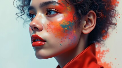 A vibrant portrait of a woman in rosy attire, her face adorned with a dynamic splash of multicolored hues.