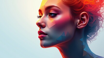 Colorful geometric pattern adorns a serene face.