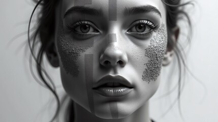 A grayscale portrait of a serene individual.
