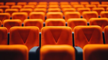 Naklejka premium Rows of orange seats in a theater auditorium