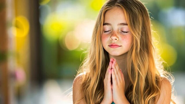 Young person in prayer indoor with soft lighting and green background - Powered by Adobe