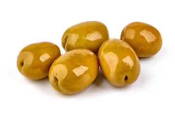 Green Olives, isolated on white background.