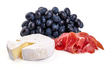 Brie, Prosciutto, Black Grapes, Isolated White Background.