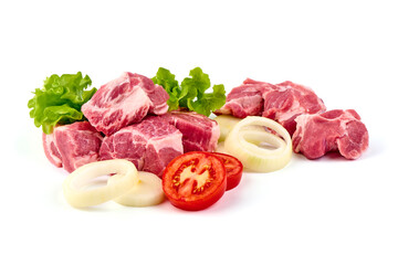 Raw Pork pieces, isolated on white background.