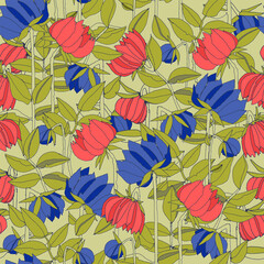 Seamless pattern with hand drawn meadow bold flowers. Colorful illustrations on blue background for surface design and other design projects