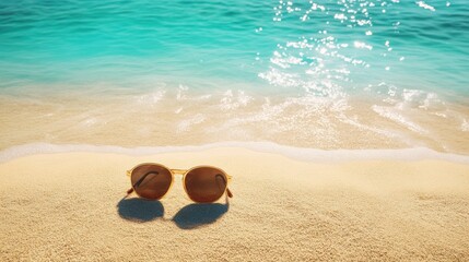 Relaxing summer beach scene with sunglasses on warm sand and turquoise ocean ahead. Generative AI