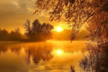 Fototapeta premium Foggy morning on the river at sunrise. Landscape.