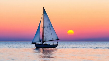 Fototapeta premium A graceful small sailboat glides on a quiet ocean, backlit by warm hues of sunset, capturing a dreamy mix of serenity and distant journeys.
