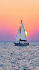Fototapeta premium Silhouetted in a glowing sunset, a small sailboat floats effortlessly on glassy waters, blending calmness with a sense of unknown adventure.