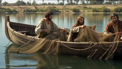 Jesus Christ and male apostle fishermen on shore preparing fishing net near boat. Religious bible story for Christian and gospel footage.