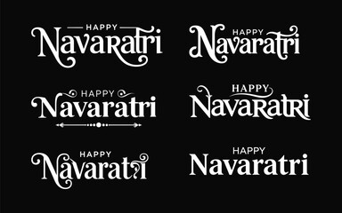 Happy Navaratri Typography Vector Bundle – Black Silhouette Festive Text Designs for Hindu Festival Decoration .

