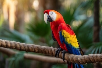 Obraz premium Vibrant scarlet macaw perched on rope in lush tropical setting