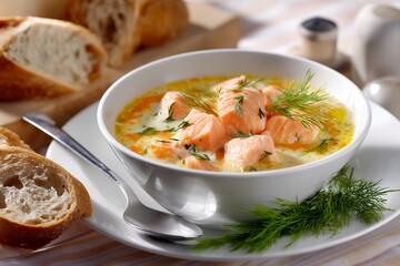 Creamy salmon soup with fresh dill garnish and rustic bread on table