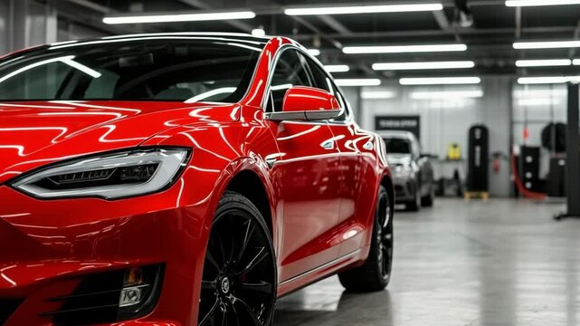 Red car showcased in modern garage setting, highlighting its sleek design and features