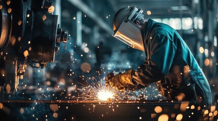 A close-up of a factory worker in protective gear welding parts for heavy machinery, with sparks flying in a busy industrial environment, Heavy machinery workshop scene