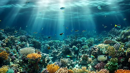 Vibrant underwater scene showcasing diverse coral reefs and schools of colorful fish beneath sunlight