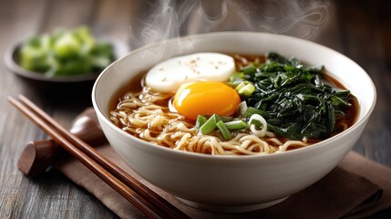 Warm bowl of ramen featuring a soft-boiled egg, fresh spinach, and garnished with green onions. This comforting dish is perfect for a chilly day.