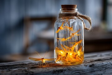 Glowing fireflies in glass jar on rustic wooden surface