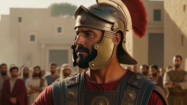 Man with long hair and beard speaks to a roman centurion in a historical street. Jesus Christ and the centurion. Biblical faith and christianity concept footage.