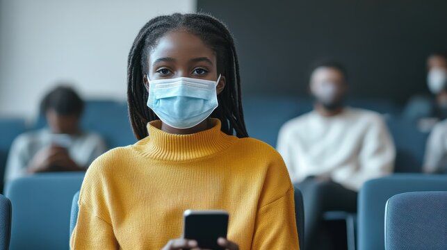 education, healthcare and pandemic concept - african student girl wearing face protective medical mask for protection from virus disease with smartphone at lecture