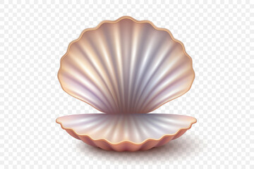Vector 3d Realistic Open Seashell with Pearlescent Shine. Isolated Seashell Illustration for Beach Decor, Summer Design, Marine Branding. Seashell Clipart for Ocean or Jewelry Concept