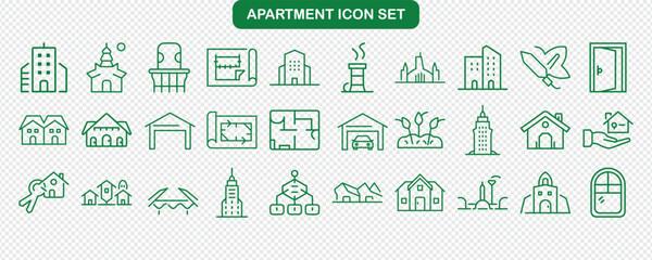 Green apartment icon set, architecture elements, houses, urban buildings on transparent background