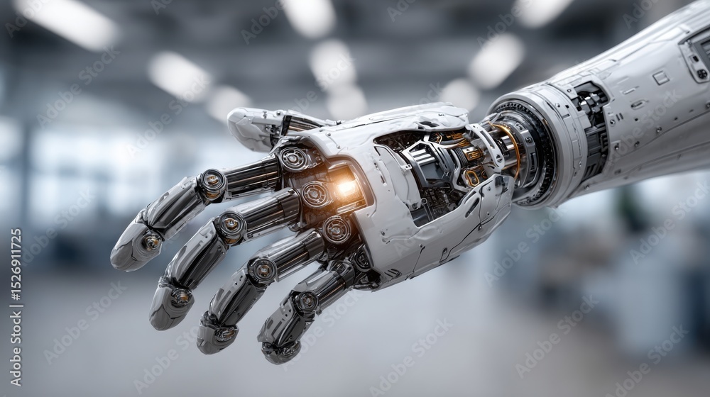 Poster a robotic hand with visible gears and circuits is prominently displayed, demonstrating futuristic te