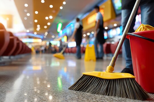 Busy airport terminal with cleaning crew and bright lighting