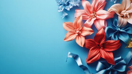 A greeting card for Fathers Day featuring flowers and bows set against a blue background