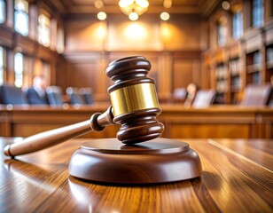 Judge's gavel on wooden table in courtroom