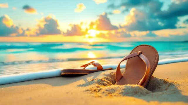 Enjoying a beach sunset with flip flops on the warm sand and gentle waves in the background