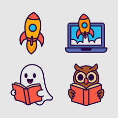 Cartoon Fun Education Mascot Icons. Fun Learning Characters, Book, Robot, Rocket, VR, Earth, Owl,Bag