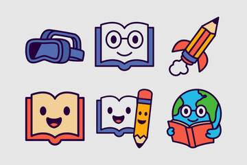 Cartoon Fun Education Mascot Icons. Fun Learning Characters, Book, Robot, Rocket, VR, Earth, Owl,Bag