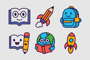Cartoon Fun Education Mascot Icons. Fun Learning Characters, Book, Robot, Rocket, VR, Earth, Owl,Bag