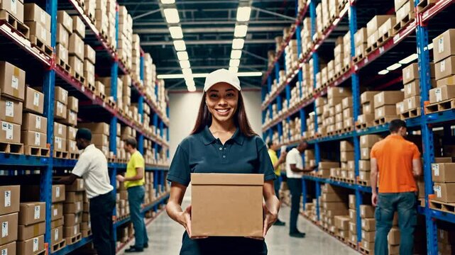 delivery woman in warehouse Delivery woman holding parcel box looking at camera with work team behind