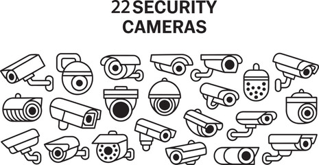 Collection of twenty two different security camera icons in black and white line art