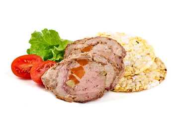Rice cake with boiled meat, isolated on white background