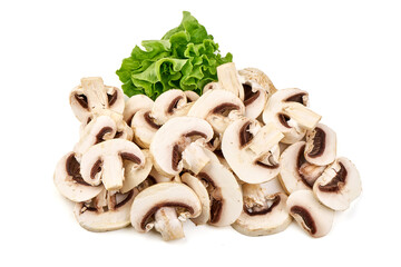 Sliced champignon mushrooms, isolated on white background.